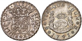 1741. Felipe V. México. MF. 2 reales. (Cal. 1291). 6,73 g. Columnario. Preciosa pátina. Muy bella. Parte de brillo original. Rara así. EBC+.