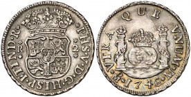 1746. Felipe V. México. M. 2 reales. (Cal. 1299). 6,67 g. Columnario. Muy bella. Preciosa pátina. Parte de brillo original. Rara así. EBC+.