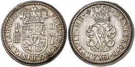 1708. Felipe V. Segovia. Y. 2 reales. (Cal. 1382). 5,40 g. Palma derecha sobre izquierda. Reverso coincidente. Insignificante hojita. Bella. Brillo or...