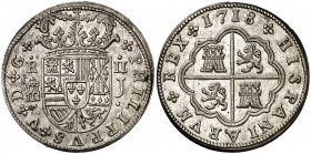 1718. Felipe V. Segovia. J. 2 reales. (Cal. 1391). 6,17 g. Acueducto de dos pisos. Bella. Brillo original. Rara así. S/C-.