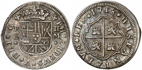 1718. Felipe V. Sevilla. M. 2 reales. (Cal. 1420). 5,67 g. Rosetas sólo bajo la ceca y el valor. Atractiva. Rara y más así. EBC-.