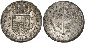 1724. Felipe V. Sevilla. J. 2 reales. (Cal. 1426). 5,50 g. Bellísima. Pleno brillo original. Rara así. S/C-.