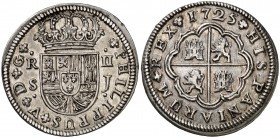 1725. Felipe V. Sevilla. J. 2 reales. (Cal. 1427). 5,31 g. Bella. Brillo original. Rara así. EBC+/EBC.