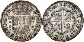 1732. Felipe V. Sevilla. PA. 2 reales. (Cal. 1432). 5,92 g. Bella. Parte de brillo original. Escasa así. EBC+/EBC.
