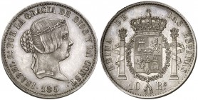 185 (sic). Isabel II. 10 reales. (Cal. pág. 775). 13,22 g. Prueba no adoptada en plata, de Fernández Pescador. Bellísima. Brillo original. Ex Áureo & ...