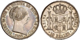 1851. Isabel II. Madrid. 10 reales. (Cal. 221). 13,09 g. Prueba de presentación. Bellísima. Pleno brillo original. Muy rara así. FDC.