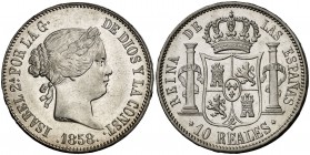 1858. Isabel II. Madrid. 10 reales. (Cal. 227). 12,89 g. Leves marquitas. Bella. Ex Colección O'Callaghan 10/11/2016, nº 381. EBC+.