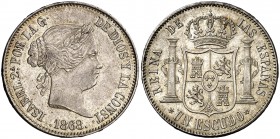 1868*1868. Isabel II. Madrid. 1 escudo. (Cal. 254). 13 g. Bella. Parte de brillo original. Escasa así. EBC+.