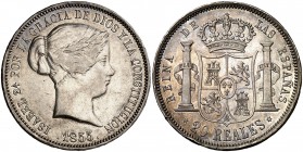 1855. Isabel II. Madrid. 20 reales. (Cal. 176, mismo ejemplar, la indica como rarísima). 25,90 g. Leves golpecitos. Parte de brillo original. No conoc...