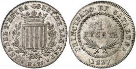 1837. Isabel II. Barcelona. PS. 1 peseta. (Cal. 258). 5,74 g. Bella. Brillo original. Rara así. EBC+.