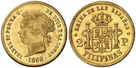 1868. Isabel II. Manila. 2 pesos. (Cal. 140). 3,40 g. Bella. Escasa así. EBC/EBC+.