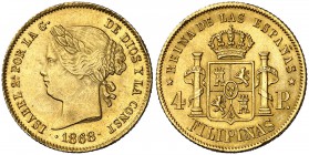 1868. Isabel II. Manila. 4 pesos. (Cal. 132). 6,69 g. Bella. Escasa así. EBC.