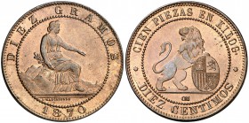 1870. Gobierno Provisional. Barcelona. . 10 céntimos. (Cal. 24). 10,08 g. Muy bella. Brillo original. Escasa así. S/C-.