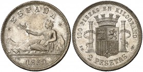 1869*1869. Gobierno Provisional. SNM. 2 pesetas. (Cal. 5). 9,95 g. Bella. Brillo original. Escasa así. S/C-.