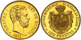 1871*1871. Amadeo I. SDM. 100 pesetas. (Cal. 2). 32,23 g. Oro rojizo. Acuñación proof, con campos espejo y relieves mate. Extraordinariamente rara. S/...