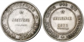 1873. Revolución Cantonal. Cartagena. 5 pesetas. (Cal. 6 var). 23,39 g. No coincidente. 93 perlas en la gráfila del anverso y 93 en la del reverso. Le...