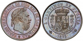 1875. Carlos VII, Pretendiente. Oñate. 5 céntimos. (Cal. 10). 4,92 g. Coincidente. Bellísima. Pátina tornasolada. Rara así. S/C.