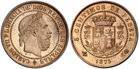 1875. Carlos VII, Pretendiente. Oñate. 5 céntimos. (Cal. 11). 5,03 g. No coincidente. Bella. Escasa así. EBC+.