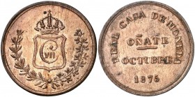1875. Carlos VII, Pretendiente. Oñate. 5 pesetas. (Cal. 6 var. por metal). 21,06 g. Acuñada en cobre. Muy bella. Rara y más así. EBC+.