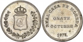 1875. Carlos VII, Pretendiente. Oñate. 5 pesetas. (Cal. 6). 24,56 g. Acuñada en plata. Muy bella. Rarísima y más así. S/C-.