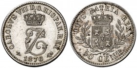 1876. Carlos VII, Pretendiente. Bruselas. 50 céntimos. (Cal. 7). 2,51 g. Rara. EBC+.