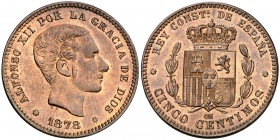 1878. Alfonso XII. Barcelona. . 5 céntimos. (Cal. 72). 4,85 g. Muy bella. Brillo original. Escasa así. S/C-.