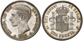 1876*1876. Alfonso XII. DEM. 1 peseta. (Cal. 54). 4,99 g. Mínima impureza. Muy bella. Brillo original. Rara así. S/C-.