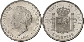 1894*1894. Alfonso XIII. PGV. 5 pesetas. (Cal. 23). 24,87 g. Leves marquitas. Bella. Brillo original. Rara así. EBC+.