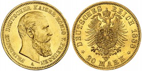 1888. Alemania. Prusia. Federico III. 20 marcos. (Fr. 3828) (Kr. 515). 7,97 g. AU. Muy bella. S/C.