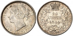1864. Canadá. Nuevo Brunswick. Victoria. 20 centavos. (Kr. 9). 4,64 g. AG. Mínimas rayitas. Muy bella. Brillo original. Rara así. EBC+.