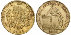 1841. Chile. Santiago. IJ. 8 escudos. (Fr. 41) (Cal.Onza 1640) (Kr. 104.1). 26,84 g. AU. Pátina atractiva. Ex Colección Caballero de las Yndias 08/04/...