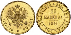 1891. Finlandia. Alejandro III. L. 20 markaa. (Fr. 2) (Kr. 9.2). 6,46 g. AU. Muy bella. Rara y más así. EBC+.