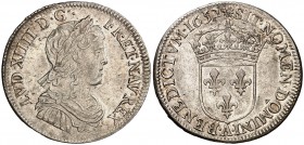 1652. Francia. Luis XIV. A (París). 1/4 écu. (Kr. 162.1). 6,80 g. AG. Bella. Escasa así. EBC.