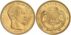 1869. Guatemala. R. 16 pesos. (Fr. 39) (Kr. 188). 26,98 g. AU. Leves golpecitos. Bonito color. Ex Colección Caballero de las Yndias 08/04/2009, nº 314...