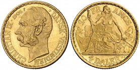 1905. Indias Danesas. Cristian IX. 4 daler/20 francos. (Fr. 2) (Kr. 72). 6,45 g. AU. Bellísima. Rara y más así. S/C-.