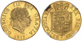 1817. Inglaterra. Jorge III. 1/2 libra. (Fr. 372) (Kr. 673). AU. En cápsula de la NGC como MS63. Muy bella. Brillo original. Rara así. S/C.