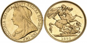 1893. Inglaterra. Victoria. 2 libras. (Fr. 395) (Kr. 786). 16 g. AU. Bellísima. Rara así. S/C-.