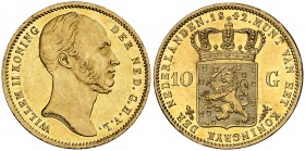 1842. Países Bajos. Guillermo II. 10 gulden. (Fr. 333) (Kr. 71). 6,73 g. AU. Muy bella. Muy rara y más así. S/C-.
