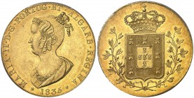 1835. Portugal. María II. 1 peça (4 escudos). (Fr. 141) (Kr. 407). AU. En cápsula de la PCGS como MS61. Bella. Ex Stack's 05/03/1988, nº 1437. Ex Stac...