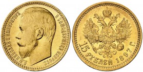 1897. Rusia. Nicolás II. A. 15 rublos. (Fr. 177) (Kr. 65.2). 12,92 g. AU. Muy bella. Rara así. EBC+.