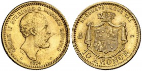 1874. Suecia. Óscar II. ST. 10 coronas. (Fr. 94) (Kr. 732). 4,48 g. AU. Muy bella. Escasa así. EBC+.