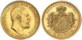 1901. Suecia. Óscar II. EB. 10 coronas. (Fr. 94b) (Kr. 767). 4,48 g. AU. Muy bella. Escasa así. S/C-.