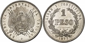 1877. Uruguay. 1 peso. (Kr. 17). 25,09 g. AG. Bella. Brillo original. Rara así. S/C-.