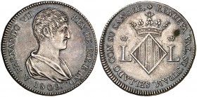 1809. Fernando VII. Valencia. Proclamación. Módulo 2 reales. (Ha. 6) (V. 721) (Cru.Medalles 250). 7,33 g. Bella pátina. Rara así. EBC.
