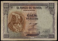 1938. Barcelona. 100 pesetas. (Ed. NE34). 11 de marzo, La Dama de Elche. Dobleces. Conserva el apresto original y no ha sido lavado ni manipulado. Rar...