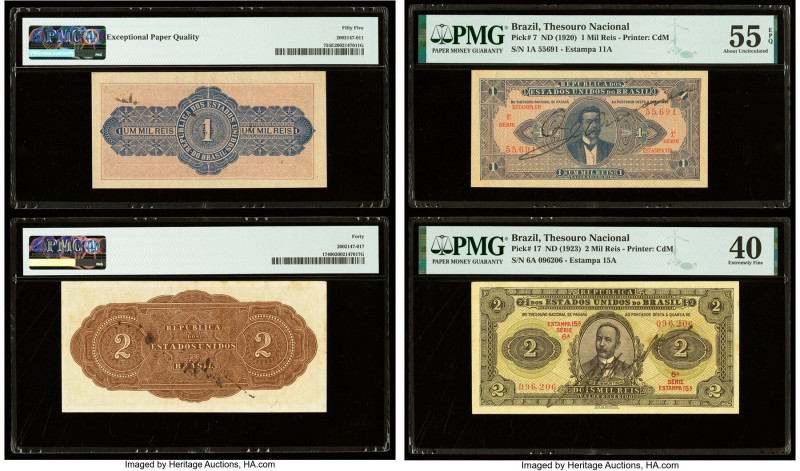 Brazil Thesouro Nacional 1; 2 Mil Reis ND (1920; 1923) Pick 7; 17 Two Notes. PMG...