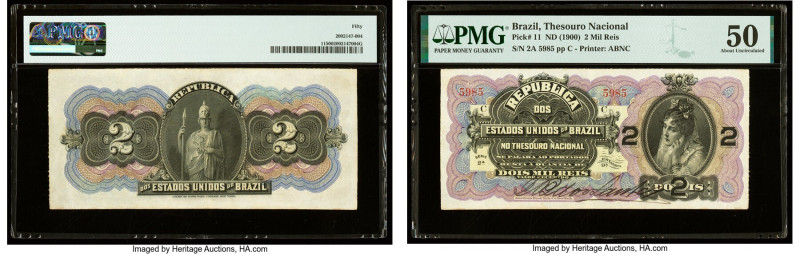 Brazil Thesouro Nacional 2 Mil Reis ND (1900) Pick 11. PMG About Uncirculated 50...