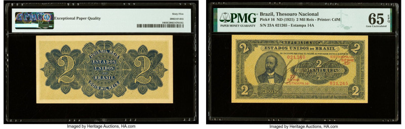 Brazil Thesouro Nacional 2 Mil Reis ND (1921) Pick 16. PMG Gem Uncirculated 65 E...