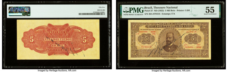 Brazil Thesouro Nacional 5 Mil Reis ND (1922) Pick 27. PMG About Uncirculated 55...