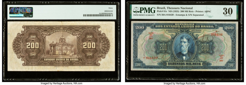 Brazil Thesouro Nacional 200 Mil Reis ND (1925) Pick 81c. PMG Very Fine 30. 

HI...